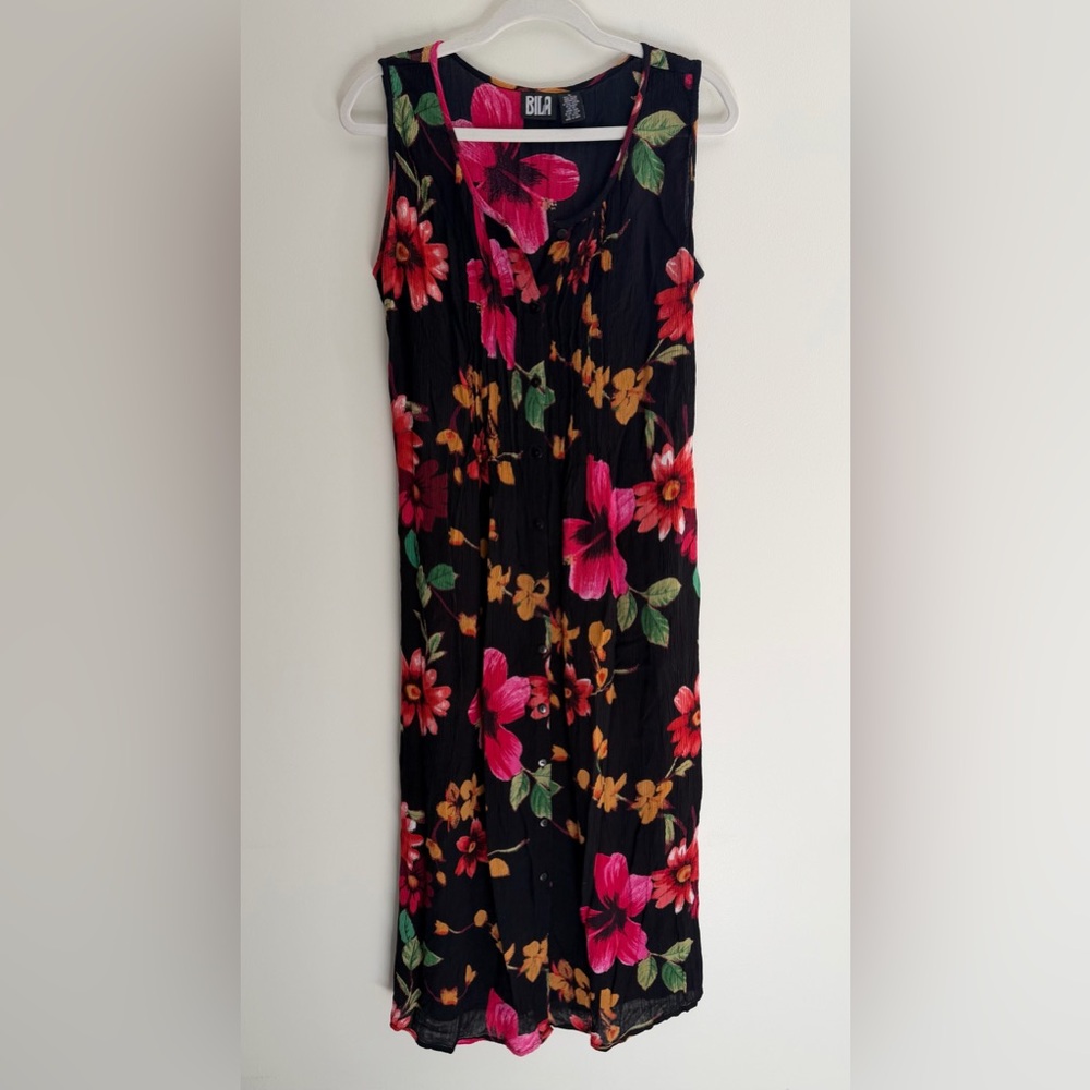 Vintage 90s Bila Black Floral Midi Maxi Button-Front Dress, Women's Medium